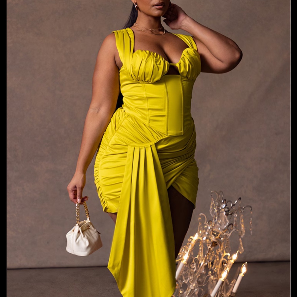 PLUS PREMIUM CHARTREUSE CONSTRUCTED SATIN RUCHED DRAPE BODYCON SKIRT